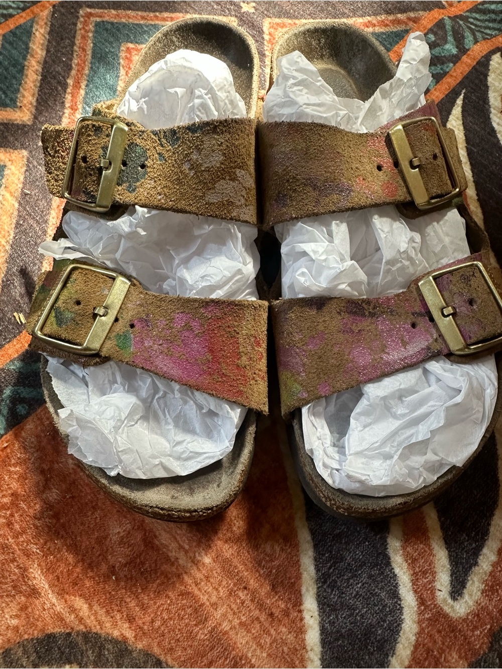 Birkenstock Two-Strap Suede Sandals in Brown with Pink Accents